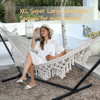 ZEAN Handwoven Hammock with Tassels by Thick Cotton Rope XL Two Person Hammock - Image 3
