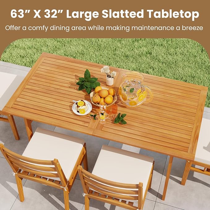 Tangkula 7 Pieces Patio Acacia Wood Dining Set, Outdoor Heavy Duty Rectangular - Image 3