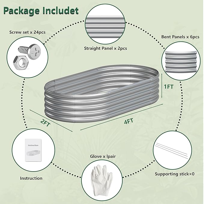 2PCS 4x2x1FT Galvanized Raised Garden Bed Kit, Vegetable Boxes-Oval Metal - Image 5