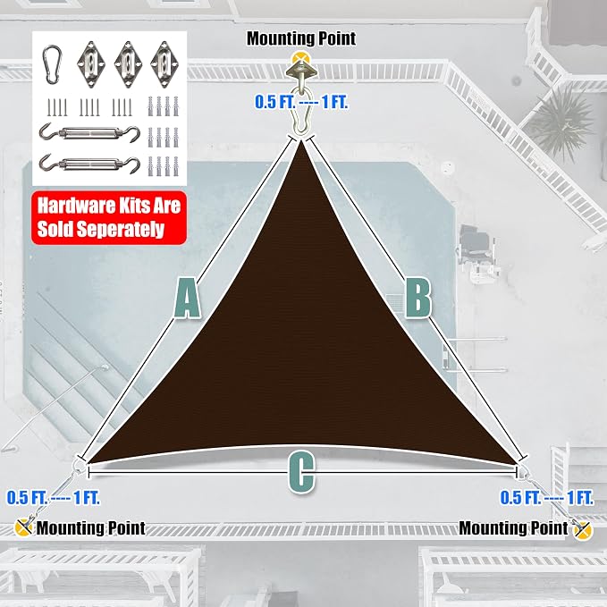 Amgo 20' x 20' x 20' Brown Triangle Sun Shade Sail Outdoor Canopy Awning UPF50+ - Image 8