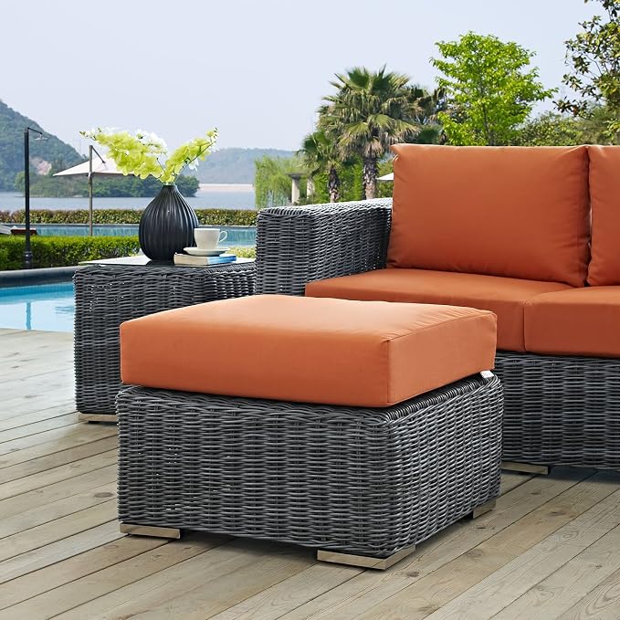 Modway Summon Wicker Rattan Outdoor Patio Sunbrella Square Ottoman in Canvas - Image 6