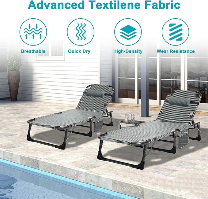 ABORON 2PK Heavy Duty Tanning Chair, 5-Gear Outdoor Folding Chaise Lounge Chair - Image 4