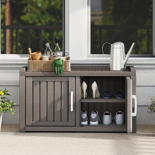 2-Tier Storage Bench, Waterproof UV-Resistant Outdoor Shoe Storage Cabinet - Image 2