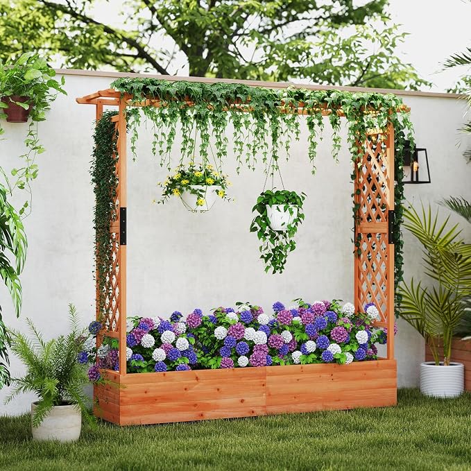 Giantex Raised Garden Bed with Trellis & Hanging Roof, Wood Planter Box with - Image 2