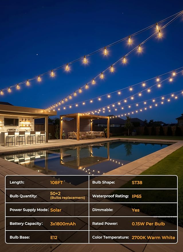 Brightown 108FT 50 LED Solar String Lights Outdoor Waterproof, Patio Lights - Image 8
