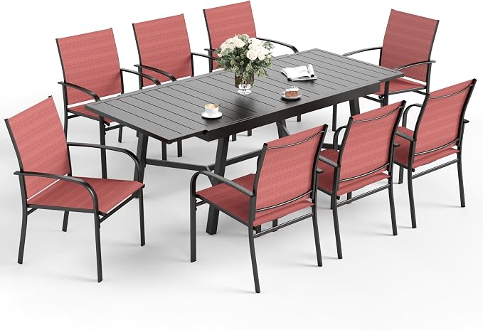 9 Piece Patio Dining Set for 8, Rectangular Extendable Dining Table, 8 Metal - Image 8