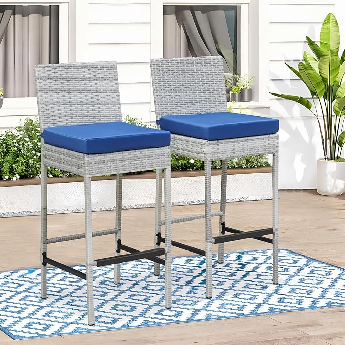 ECOTOUGE Outdoor Bar Stools Set of 2, Wicker Woven Patio Stools & Patio Bar - Image 2