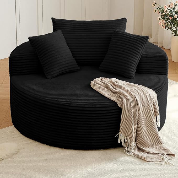 Oversized Round Chair Lounge Chaise Indoor, Upholstered Corduroy Deep Seat by Lakifun
