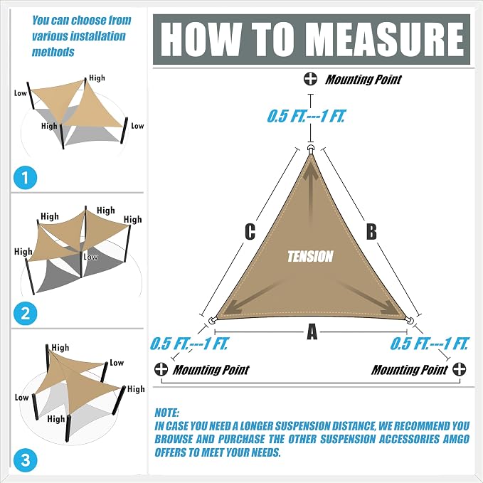Amgo Custom Size 15' x 20' x 25' Beige Right Triangle Sun Shade Sail UPF50+ - Image 2