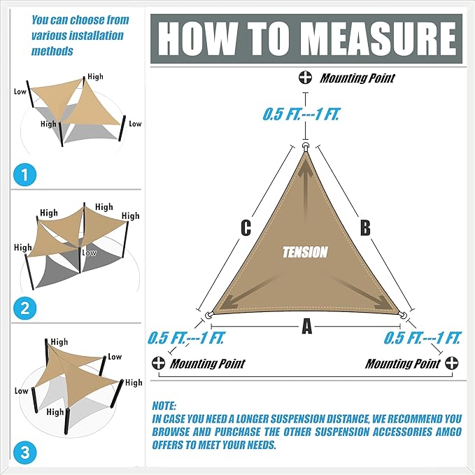 Amgo Custom Size 22' x 23' x 31.8' Gray Right Triangle Sun Shade Sail UPF50+ - Image 2