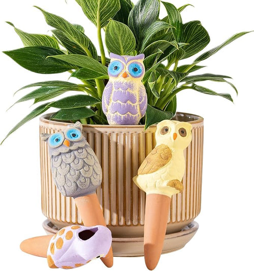 4 Pack Handmade Terracotta Owl Watering Spikes and Globes, Self-Watering Plant by SUREYUESI