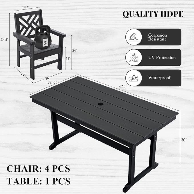 HDPE Dining Table Set for 4, 5-Piece Outdoor Table and Chairs Include 4 Dining - Image 2