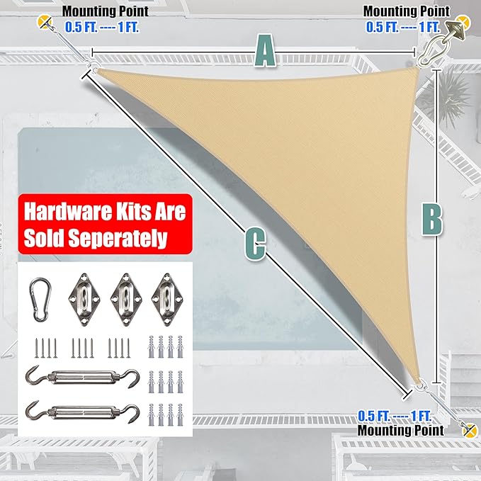 Amgo Custom Size 11' x 11' x 15.6' Beige Right Triangle Sun Shade Sail UPF50+ - Image 8