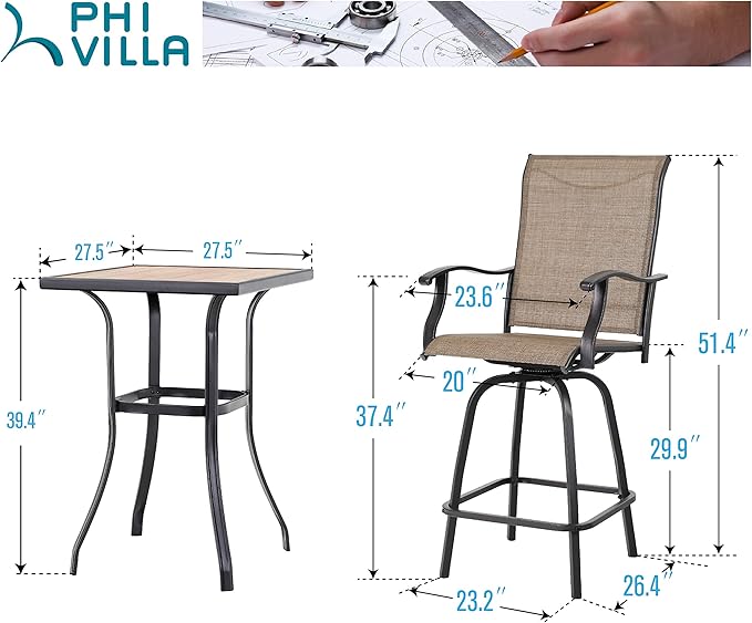 PHI VILLA 3 PCS Patio Swivel Bar Set Outdoor Furniture Bar Height Bistro Set - Image 7