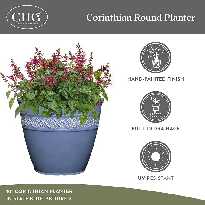 Classic Home and Garden Corinthian Round Resin Flower Planter Pot, Storm Gray 8" - Image 4