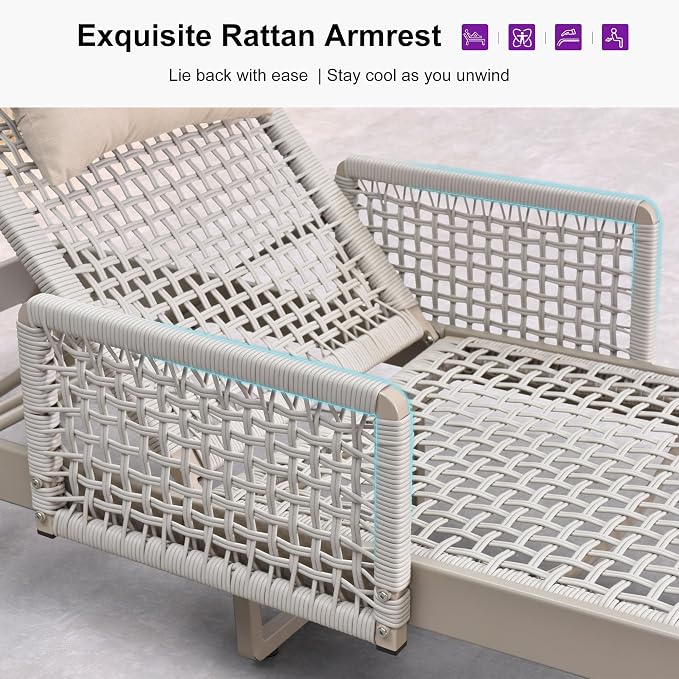 PURPLE LEAF 3 Pieces Outdoor Chaise Lounge Set Rattan Wicker Lounger - Image 5