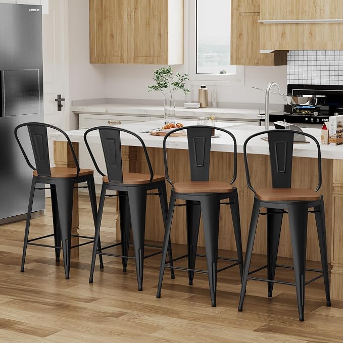 Alunaune 24" Swivel Metal Bar Stools Set of 4 High Back Counter Height - Image 4