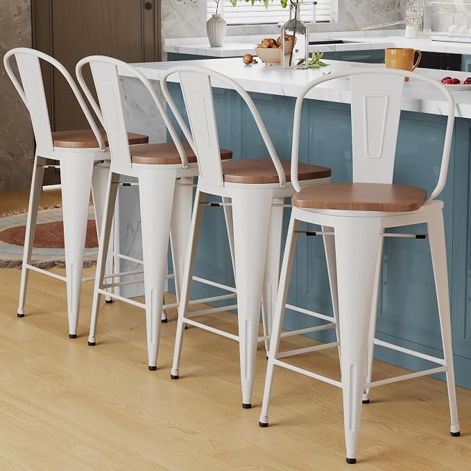 Alunaune 24" Swivel Metal Bar Stools Set of 4 High Back Counter Height by HomeFurniture