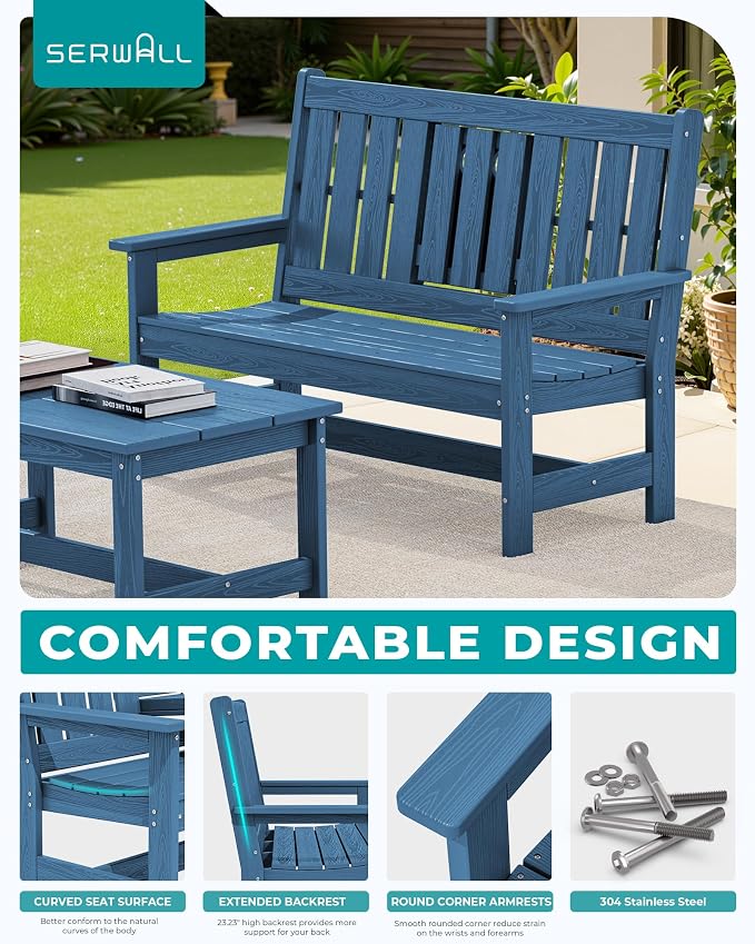 SERWALL Outdoor Bench with Cup Holder, All Weather Patio Benches with High - Image 6