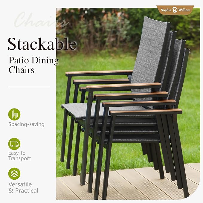 Sophia & William Outdoor Dining Set 7 Pieces, 6 x Aluminum Stackable Chair - Image 2