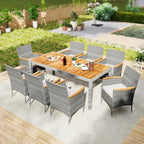 Tangkula 9 Pieces Patio PE Wicker Dining Set, Outdoor Acacia Wood Table and - Image 2
