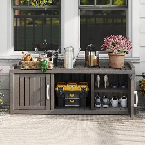 2-Tier Storage Bench, Waterproof UV-Resistant Outdoor Shoe Storage Cabinet - Image 2