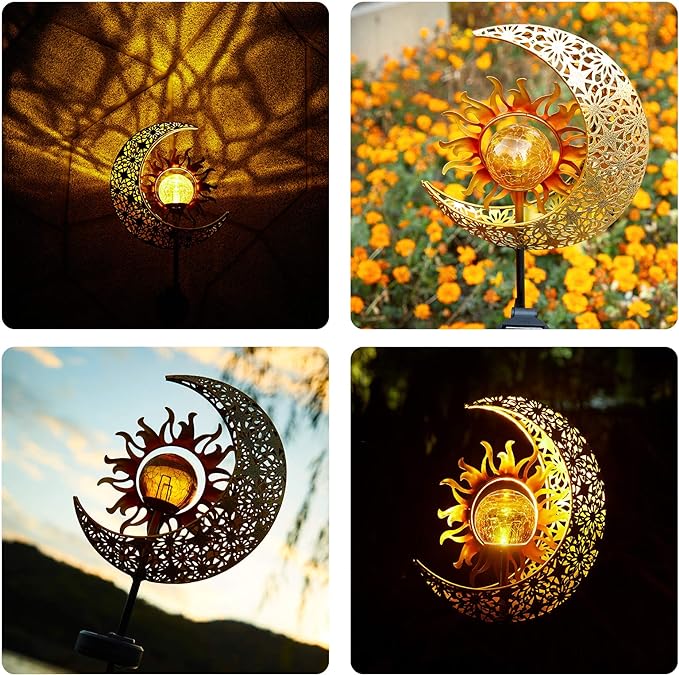 LICKLIP Garden Solar Lights Outdoor Decorative, Sun & Moon Crackle Glass Globe - Image 2