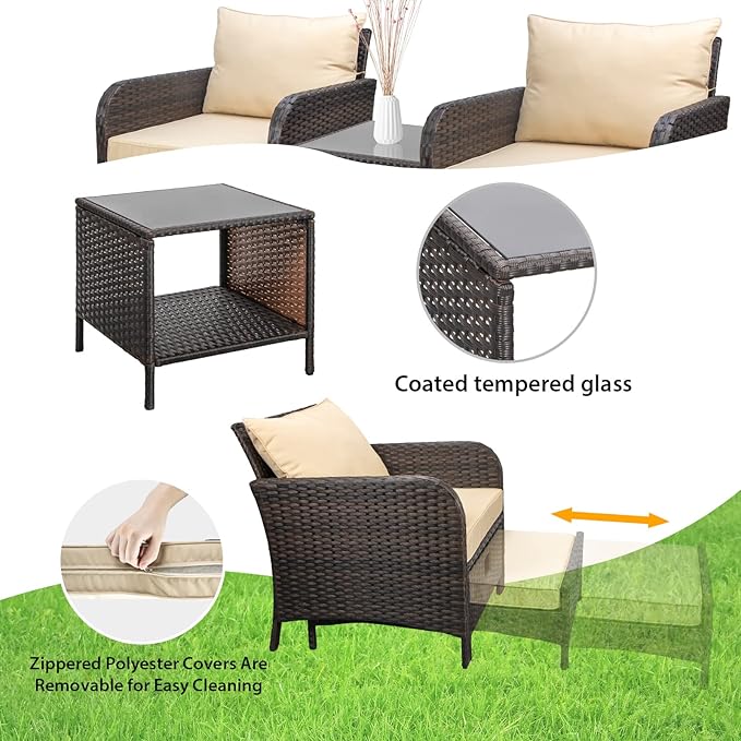 LEVELEVE Balcony Furniture 5 Piece Patio Conversation Set, PE Wicker Rattan - Image 5