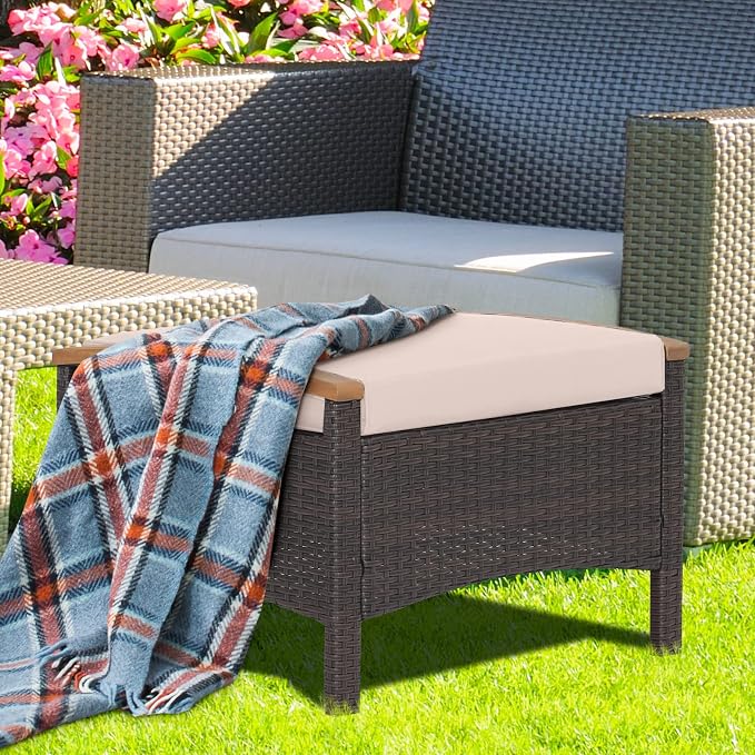 Tangkula 2 Piece Patio Rattan Ottomans, Outdoor Wicker Footstool w/Acacia Wood - Image 3