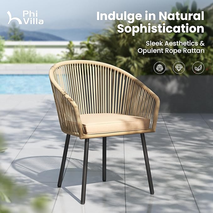 PHI VILLA Patio Wicker Chairs Set of 4, Outdoor Modern Brown Rope Rattan Chairs - Image 2