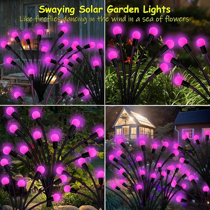 Kohlrabi Solar Garden Lights Outdoor, 2 Pack 20 LED Solar Pink Firefly Lights - Image 3