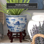 Red Lantern 20" Porcelain Fishbowl Blue & White Landscape Planter - Image 3