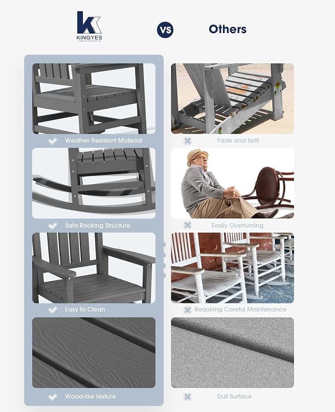 KINGYES HDPE Outdoor Rocking Chair, Widened Seat Patio Rocking Chair, Oversized - Image 6
