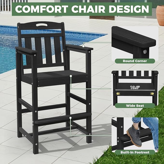 Outdoor Patio Tall Adirondack Bar Chairs Set of 2, All-Weather HDPE Bar Height - Image 3