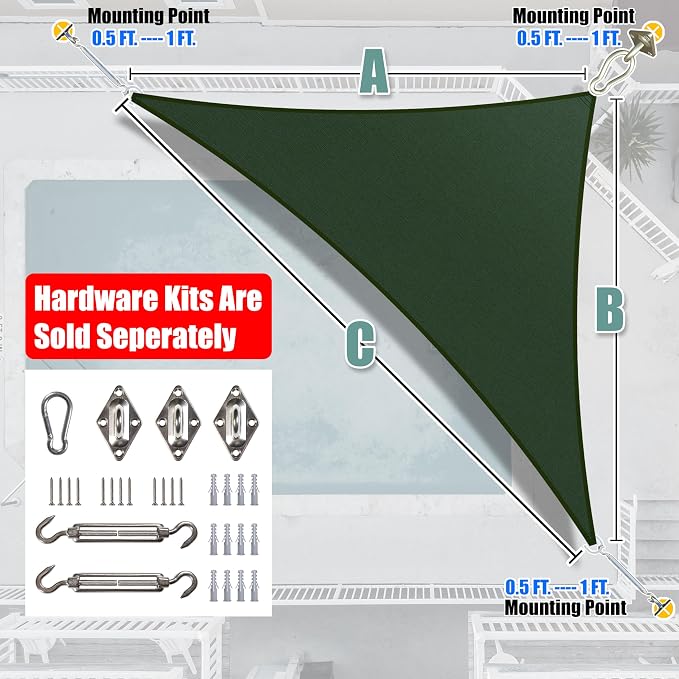 Amgo Custom Size 6' x 10' x 11.7' Green Right Triangle Sun Shade Sail UPF50+ - Image 8