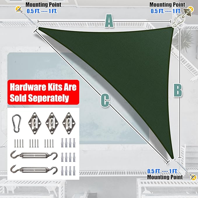 Amgo Custom Size 17' x 20' x 26.2' Green Right Triangle Sun Shade Sail UPF50+ - Image 8