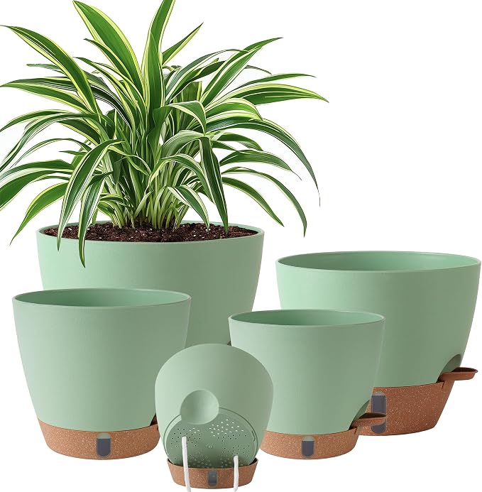 Self Watering Pots for Inoor Ourdoor Plants 10/9/8/7/6.5 Inch Plastic Planters by Fielda