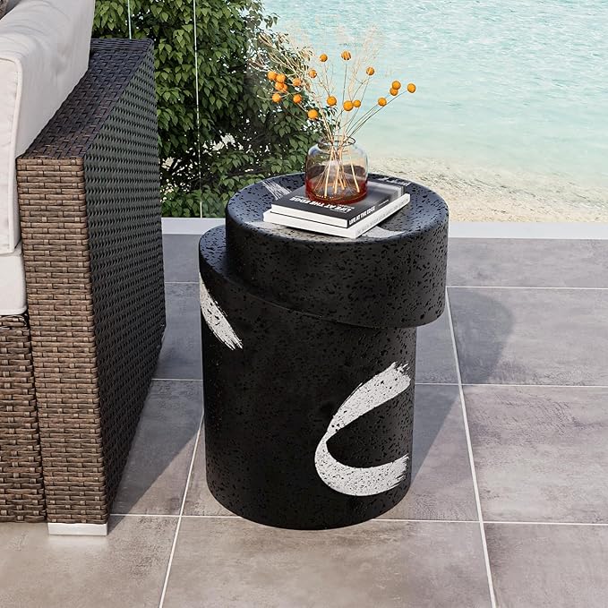 COSIEST Outdoor Side Table Black, Cylinder Shaped MgO Concrete Side Table by COSIEST