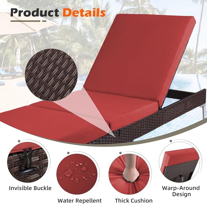 HOMREST Outdoor Lounge Chairs Set of 2, Patio Wicker Chaise Lounge - Image 4