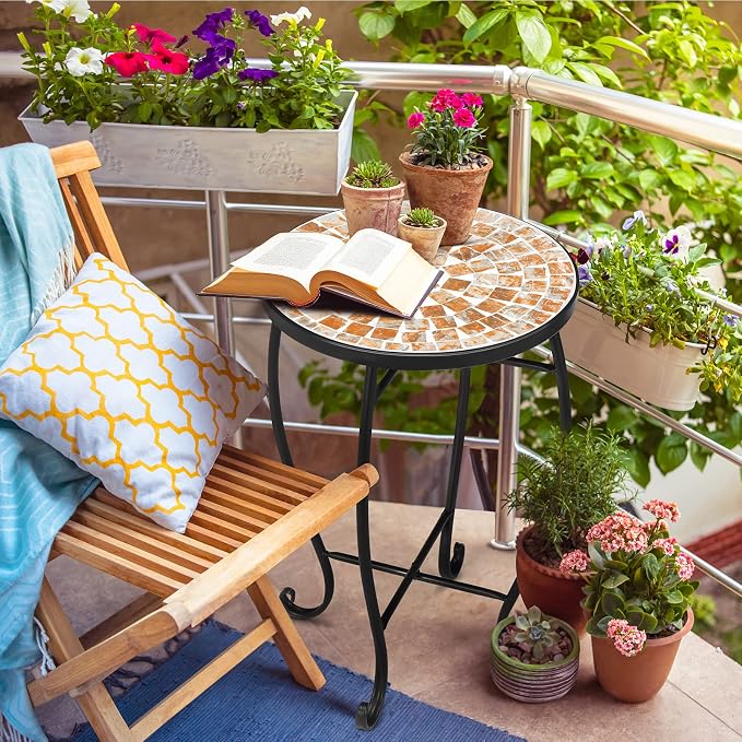 VINGLI Mosaic Outdoor Side Table, Accent Table, Plant Stand Ideal - Image 2