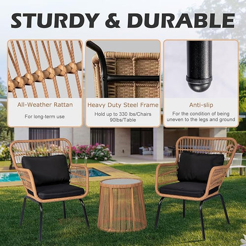 3 Piece Outdoor Wicker Furniture Bistro Set, Rattan Chairs Conversation Sets - Image 2