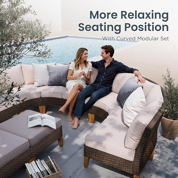 PHI VILLA 8-Piece Wicker Patio Furniture Set, Outdoor Half-Moon Curved - Image 3