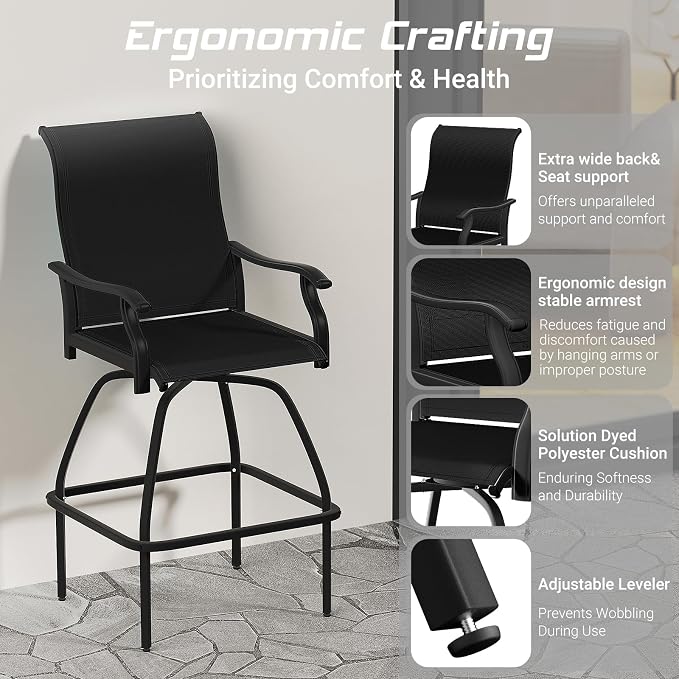 LEVELEVE Patio Bar Set 4pcs Swivel Bar Stools Outdoor Bistro Textilene - Image 5