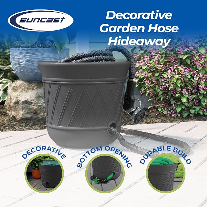 Suncast Lattice Hose Pot for Outdoor Garden Storage, Peppercorn - Image 2