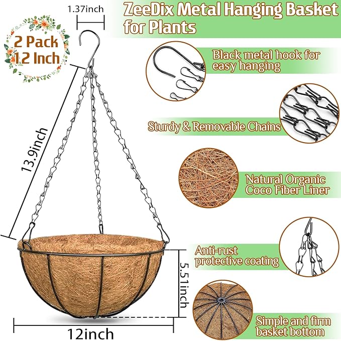 ZeeDix 12 Inch Hanging Baskets for Plants, 2 Pack Metal Round Hanging Planter - Image 2