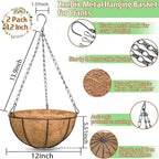 ZeeDix 12 Inch Hanging Baskets for Plants, 2 Pack Metal Round Hanging Planter - Image 2