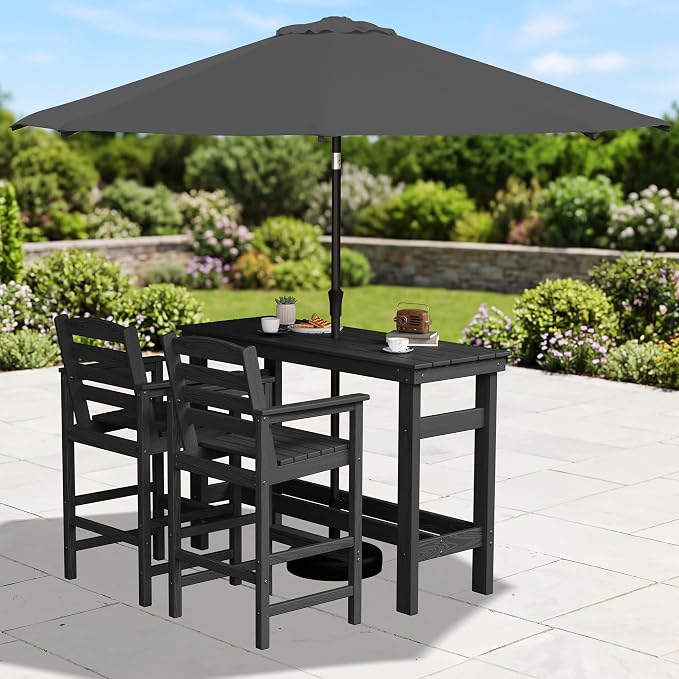 SERWALL Outdoor Bar Set with 9ft Umbrella, All-Weather HDPE Patio Bar Chairs - Image 3