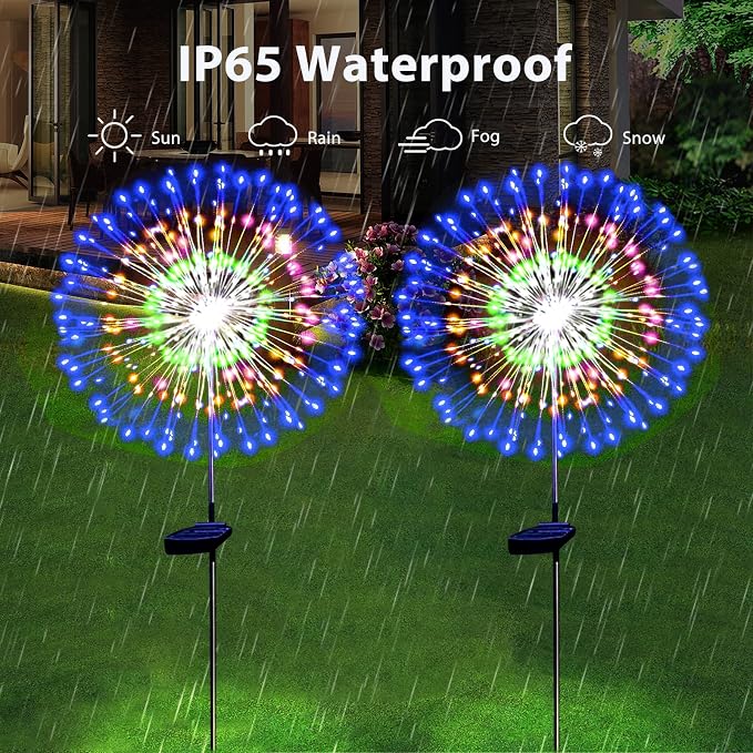Solar Garden Firework Lights Outdoor Waterproof 2 Pack Solar Powered Art Stake - Image 4