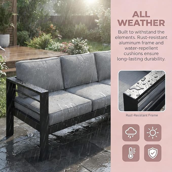 Kiss the Water Outdoor Couch Aluminum Patio Furniture Sofa, 3 Seat All-Weather - Image 6