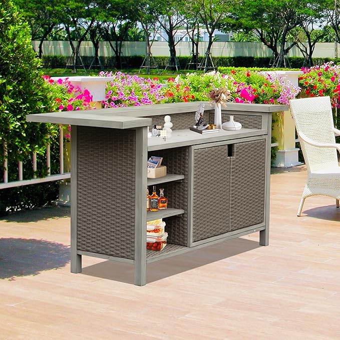 Domi Patio Bar Table, Outdoor Aluminum PE Wicker Bar Cart - Image 2